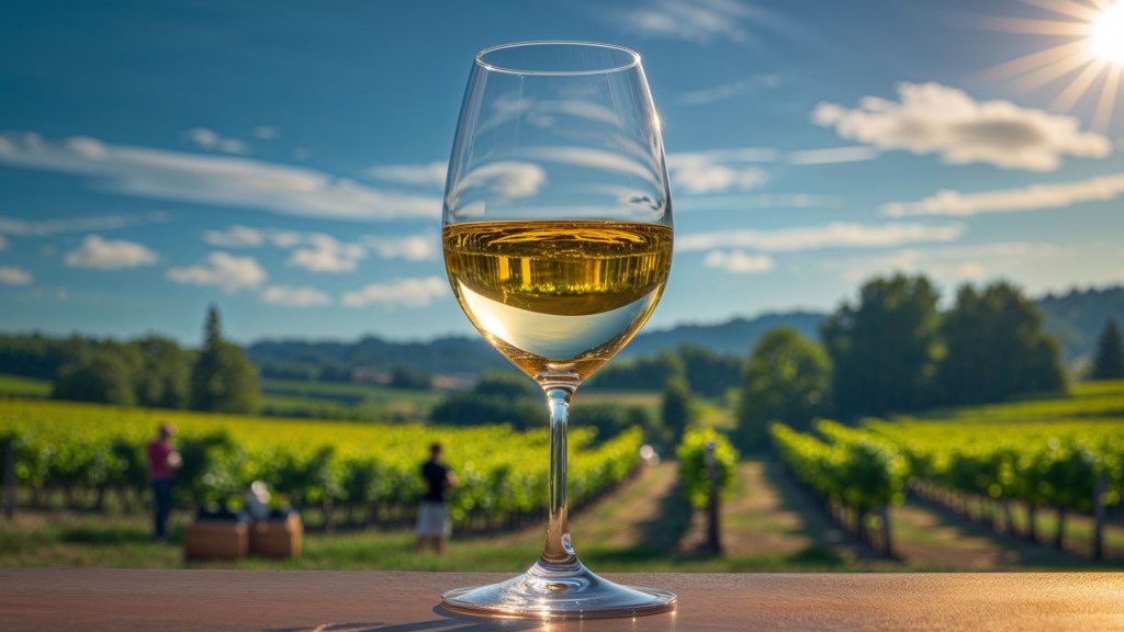 A glass of white wine on a table with an orchard in the background